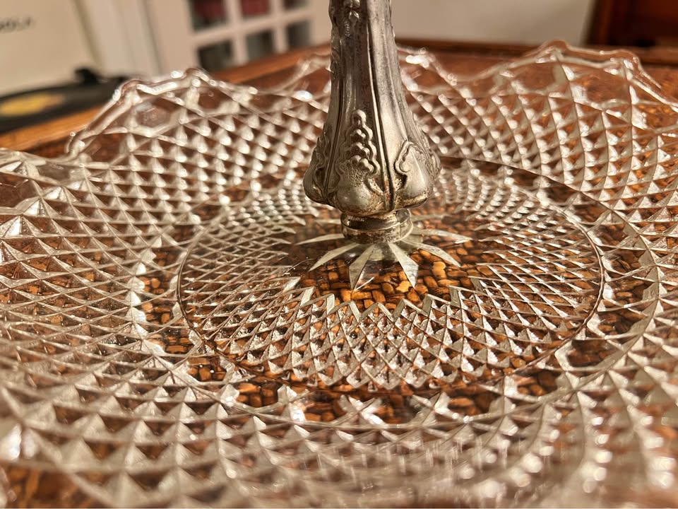 Glass Serving Stand | Two-Tier Dessert Display | Diamond-Cut Pattern 12”, gallery view 3