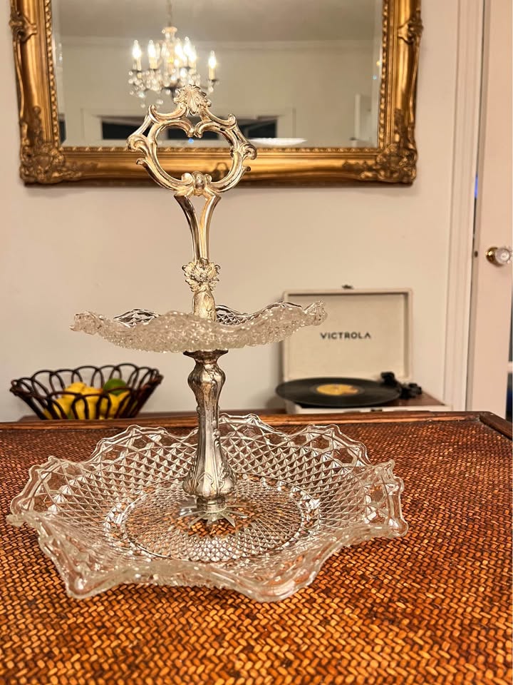 Glass Serving Stand | Two-Tier Dessert Display | Diamond-Cut Pattern 12”, gallery view 4