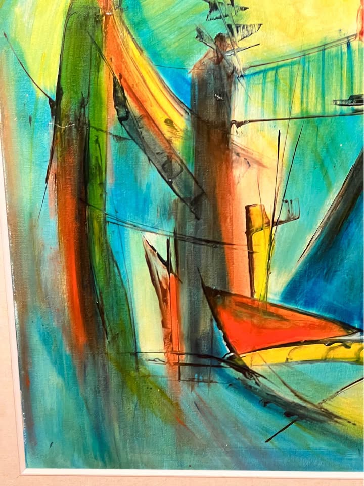 Large Abstract Sailboat Painting | Mid-Century Modern Framed Nautical Art, gallery view 6