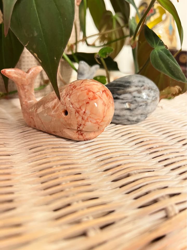 Vintage Marble Whale Figurines | Hand-Carved Stone Coastal Pair, gallery view 2