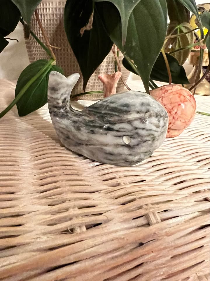Vintage Marble Whale Figurines | Hand-Carved Stone Coastal Pair, gallery view 3