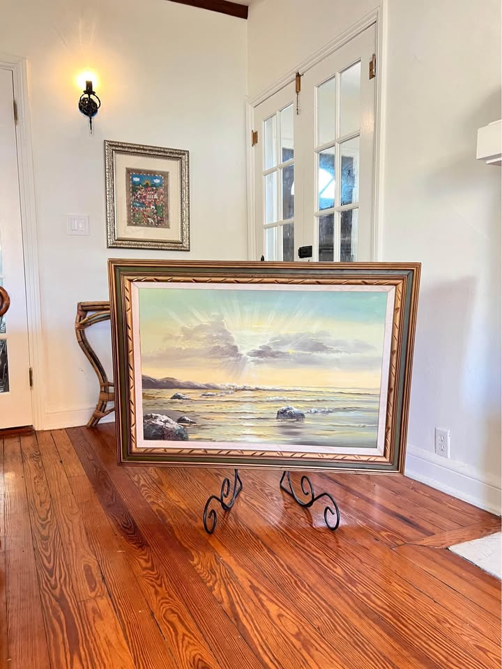 Large Framed Seascape Oil Painting | Vintage Coastal Landscape with Carved Wood Frame, gallery view 2