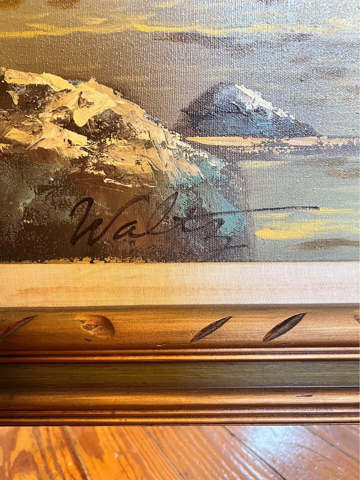 Large Framed Seascape Oil Painting | Vintage Coastal Landscape with Carved Wood Frame, gallery view 3