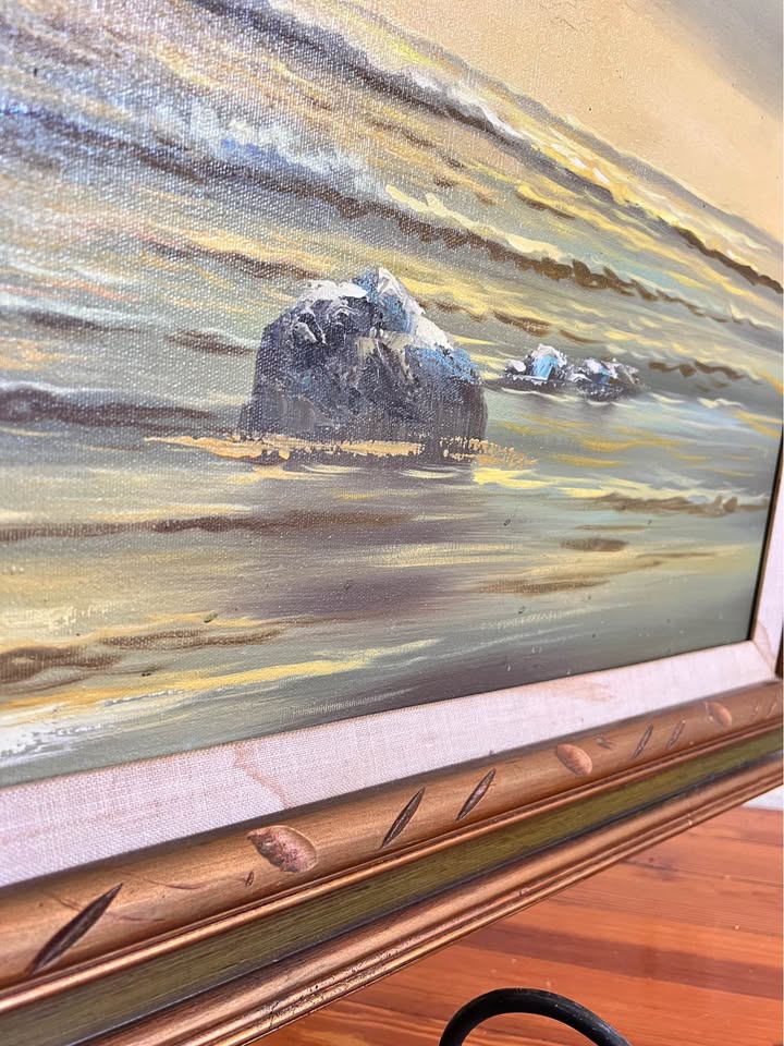 Large Framed Seascape Oil Painting | Vintage Coastal Landscape with Carved Wood Frame, gallery view 4