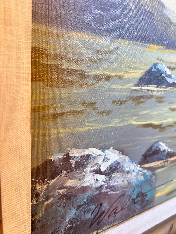 Large Framed Seascape Oil Painting | Vintage Coastal Landscape with Carved Wood Frame, gallery view 5