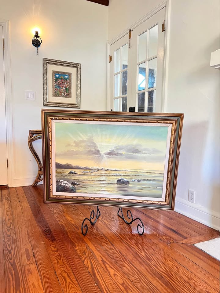 Large Framed Seascape Oil Painting | Vintage Coastal Landscape with Carved Wood Frame, gallery view 9