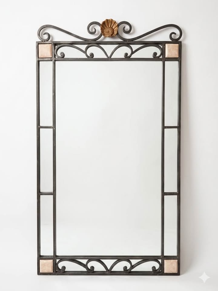 Wrought Iron & Stone Wall Mirror | Spanish Revival Style with Shell Crest, gallery view 2