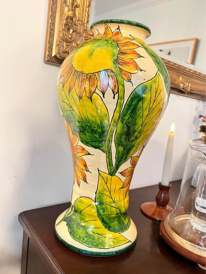 Large Mexican Pottery Floor Vase | Hand-Painted Sunflower Folk Art, gallery view 3