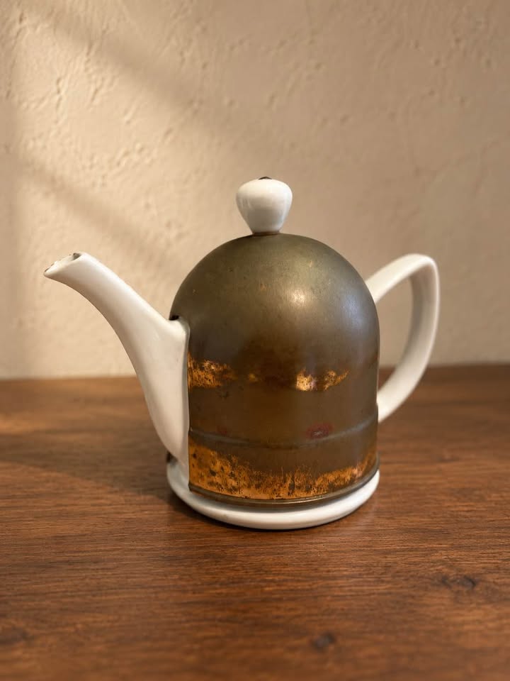 Vintage Ceramic Tea Set | White Glaze & Patinated Metal, gallery view 2