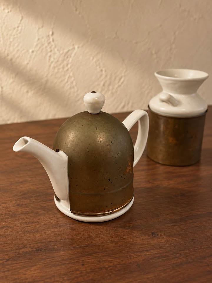 Vintage Ceramic Tea Set | White Glaze & Patinated Metal, gallery view 3