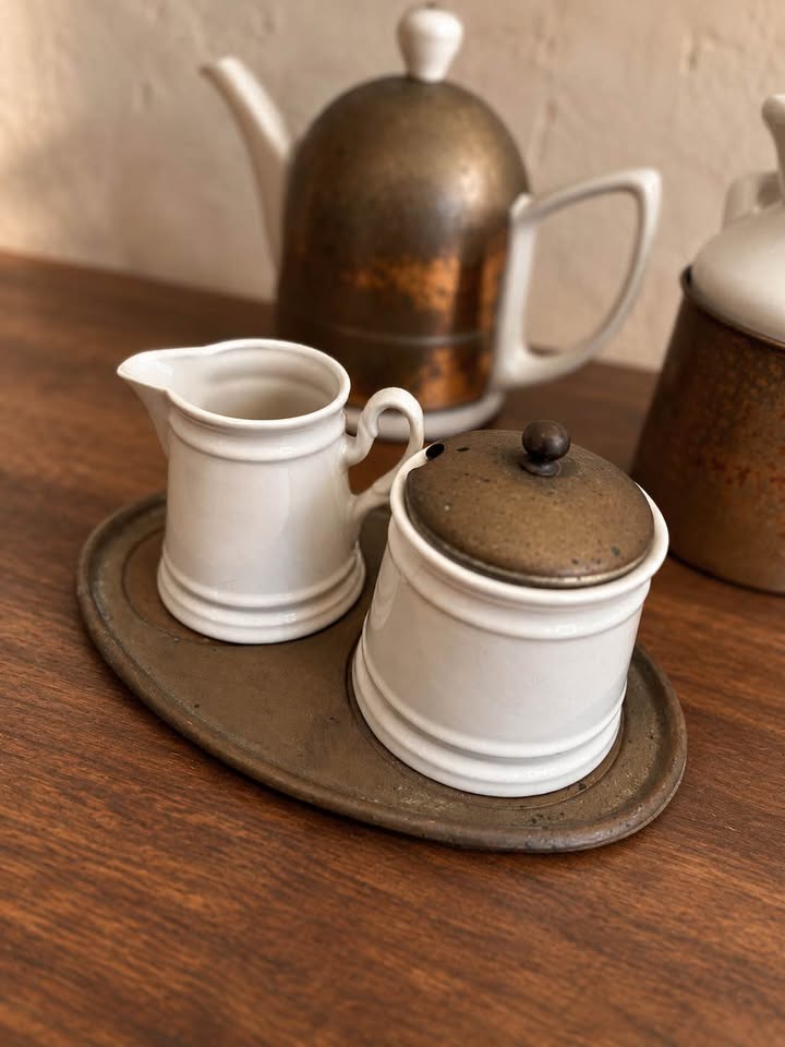 Vintage Ceramic Tea Set | White Glaze & Patinated Metal, gallery view 5