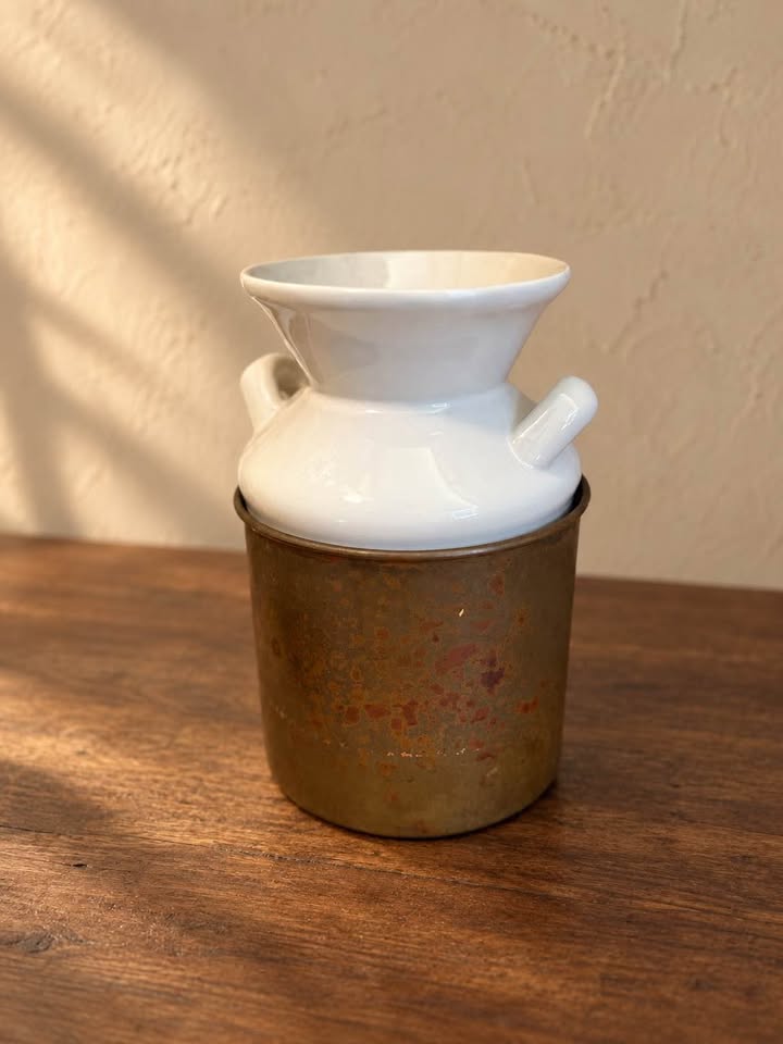Vintage Ceramic Tea Set | White Glaze & Patinated Metal, gallery view 6