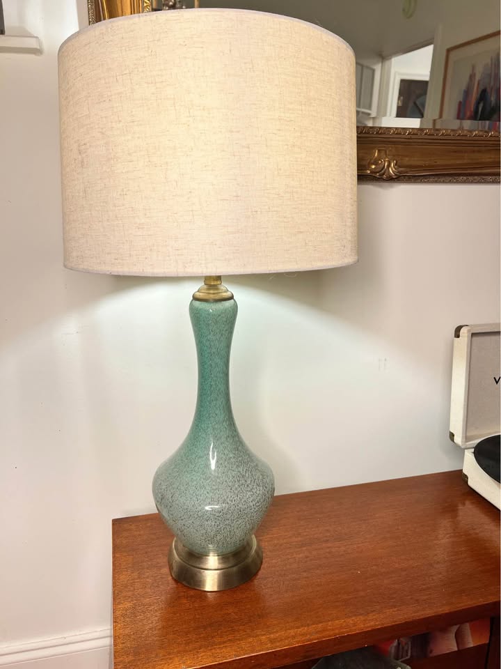 Glass Table Lamp | Vintage Green Blown Glass Brass Base Lamp, gallery view 10