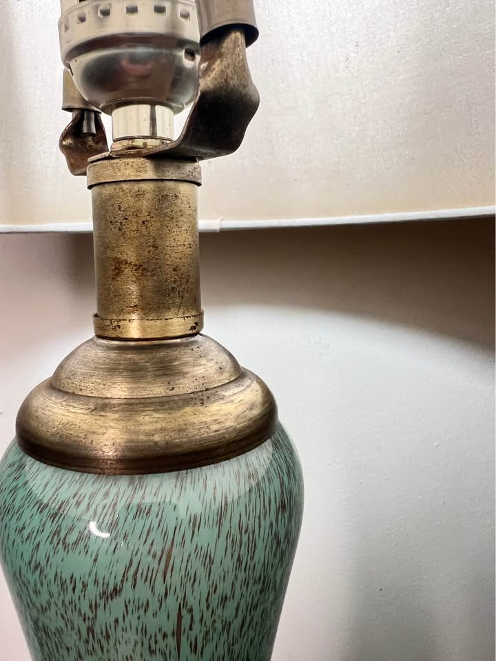 Glass Table Lamp | Vintage Green Blown Glass Brass Base Lamp, gallery view 3
