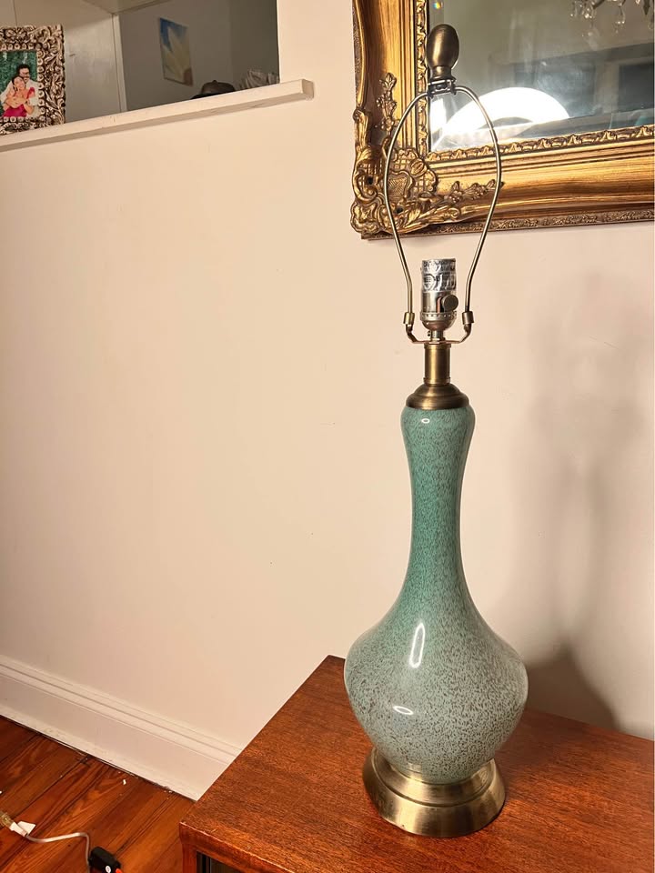 Glass Table Lamp | Vintage Green Blown Glass Brass Base Lamp, gallery view 4
