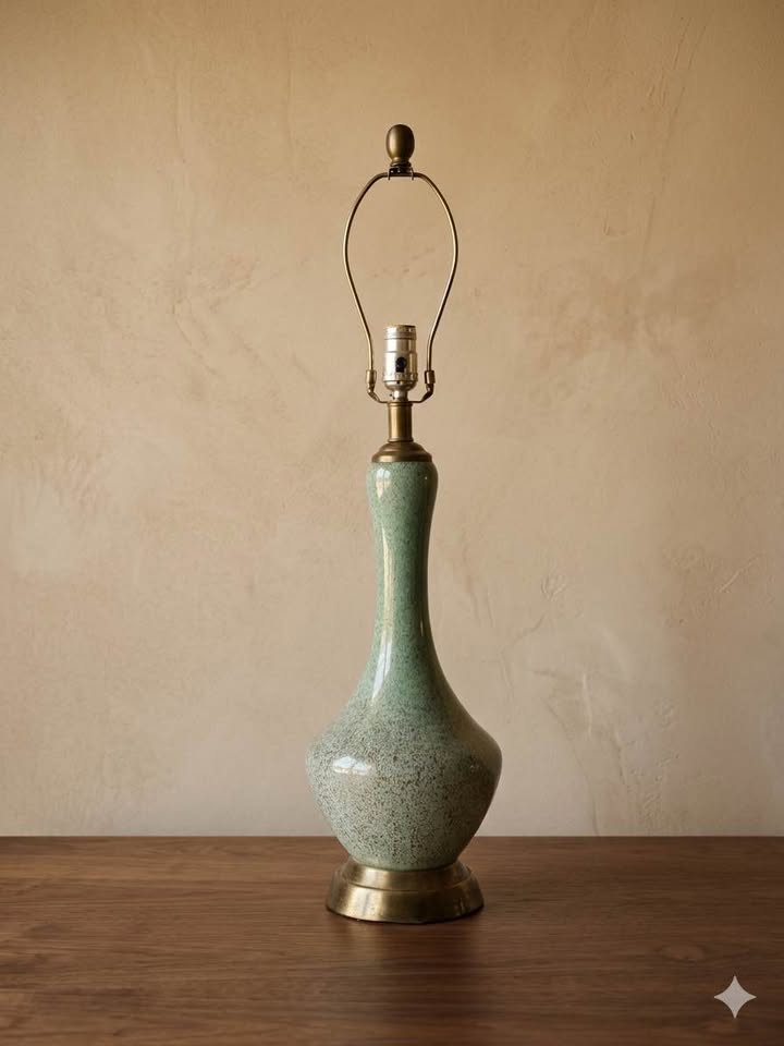 Glass Table Lamp | Vintage Green Blown Glass Brass Base Lamp, gallery view 5