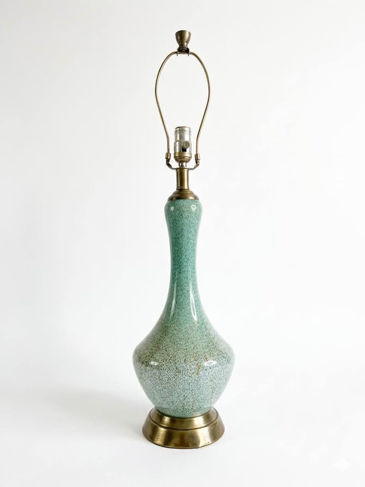 Glass Table Lamp | Vintage Green Blown Glass Brass Base Lamp, gallery view 6