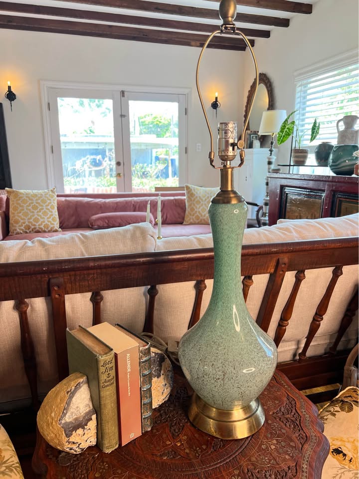 Glass Table Lamp | Vintage Green Blown Glass Brass Base Lamp, gallery view 7