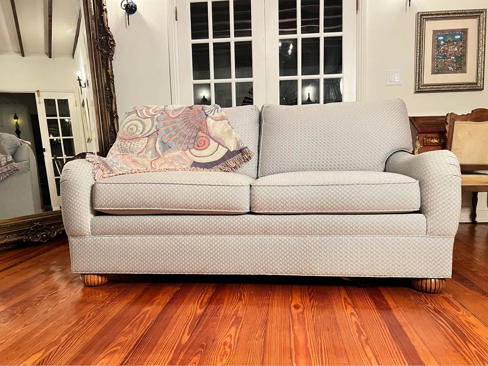 Ethan Allen Featherblend Loveseat | Blue & Ivory Upholstery, gallery view 6