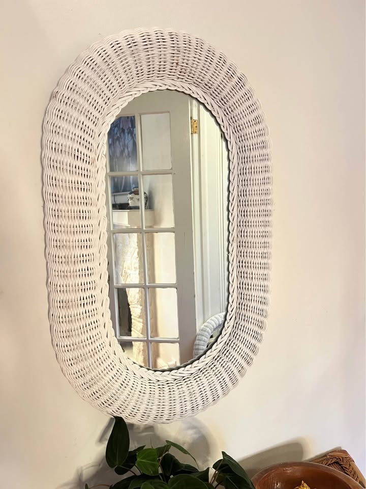 White Wicker Wall Mirror | Coastal Organic Modern | Vintage Oval Rattan Frame, gallery view 2