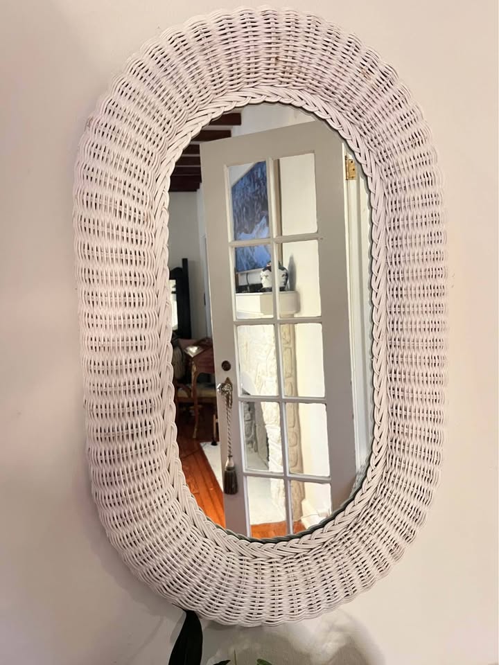 White Wicker Wall Mirror | Coastal Organic Modern | Vintage Oval Rattan Frame, gallery view 3