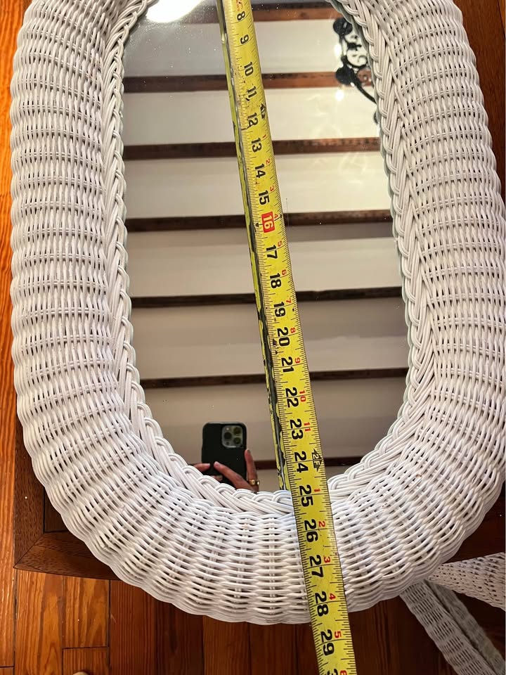 White Wicker Wall Mirror | Coastal Organic Modern | Vintage Oval Rattan Frame, gallery view 4