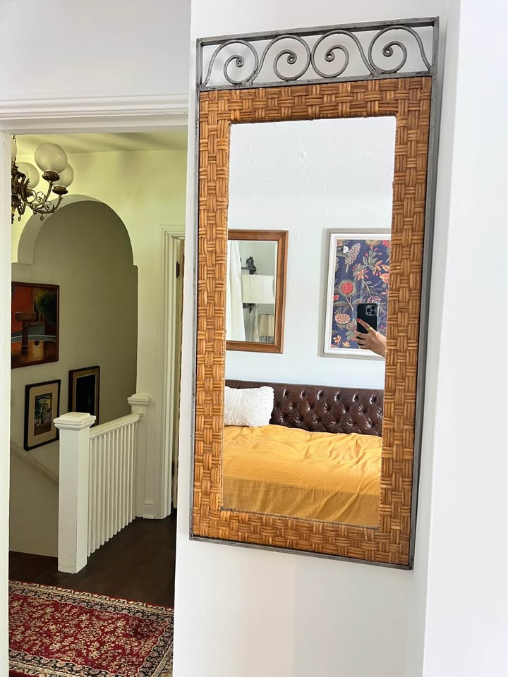 Woven Rattan Wall Mirror | Wrought Iron Scroll Crown | British Colonial Style, gallery view 2