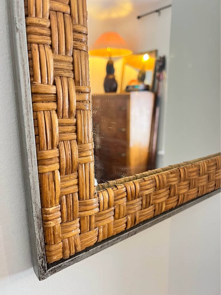 Woven Rattan Wall Mirror | Wrought Iron Scroll Crown | British Colonial Style, gallery view 3