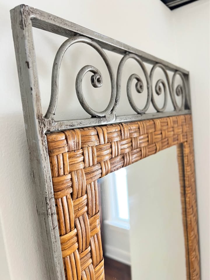 Woven Rattan Wall Mirror | Wrought Iron Scroll Crown | British Colonial Style, gallery view 4