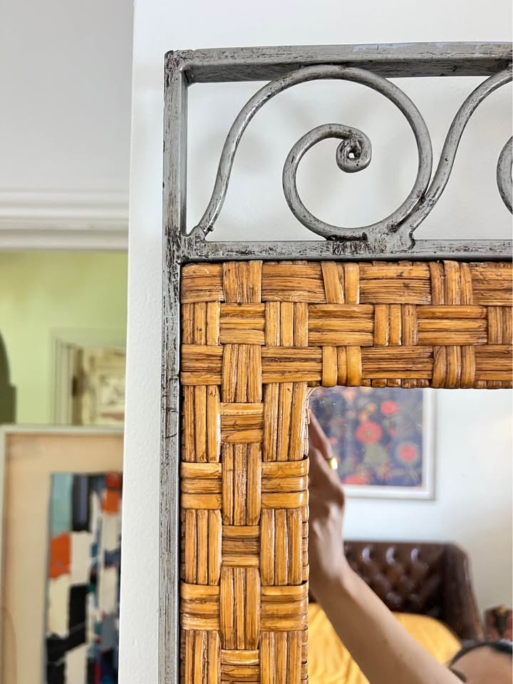Woven Rattan Wall Mirror | Wrought Iron Scroll Crown | British Colonial Style, gallery view 5