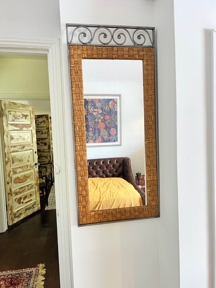Woven Rattan Wall Mirror | Wrought Iron Scroll Crown | British Colonial Style, gallery view 6