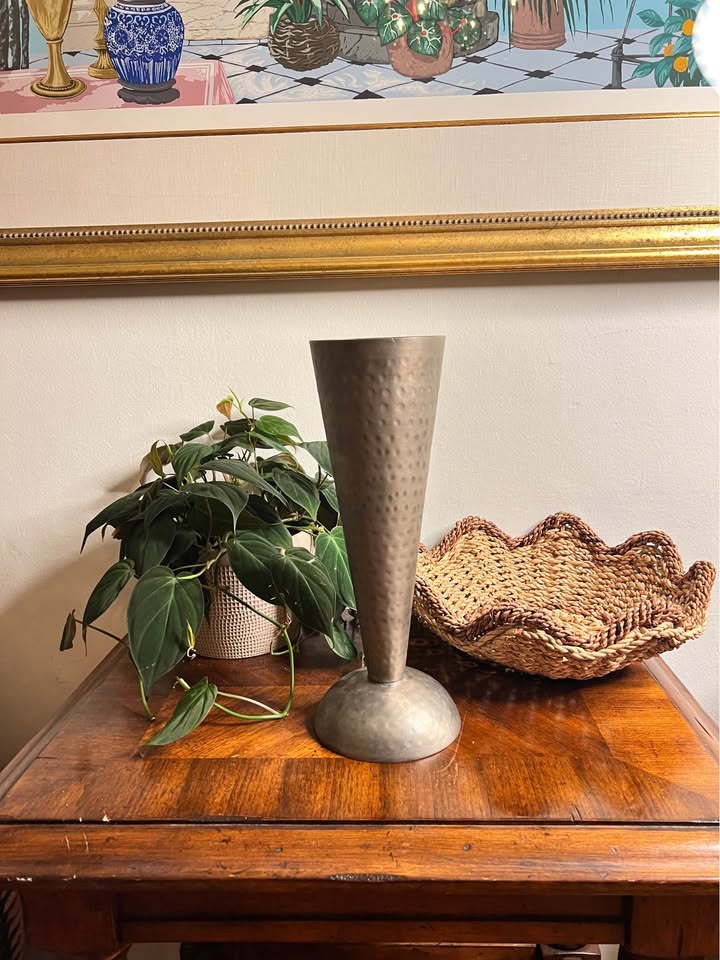 Vintage Hammered Metal Vase | Tall Sculptural Trumpet Form, gallery view 2