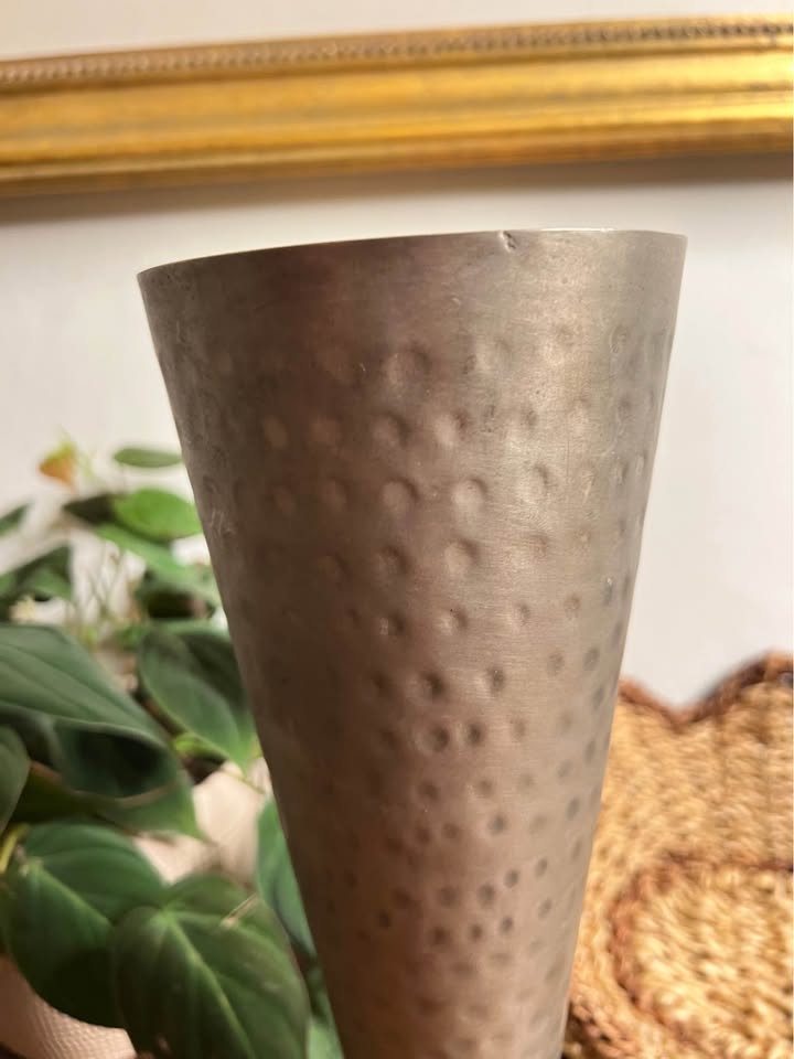 Vintage Hammered Metal Vase | Tall Sculptural Trumpet Form, gallery view 3