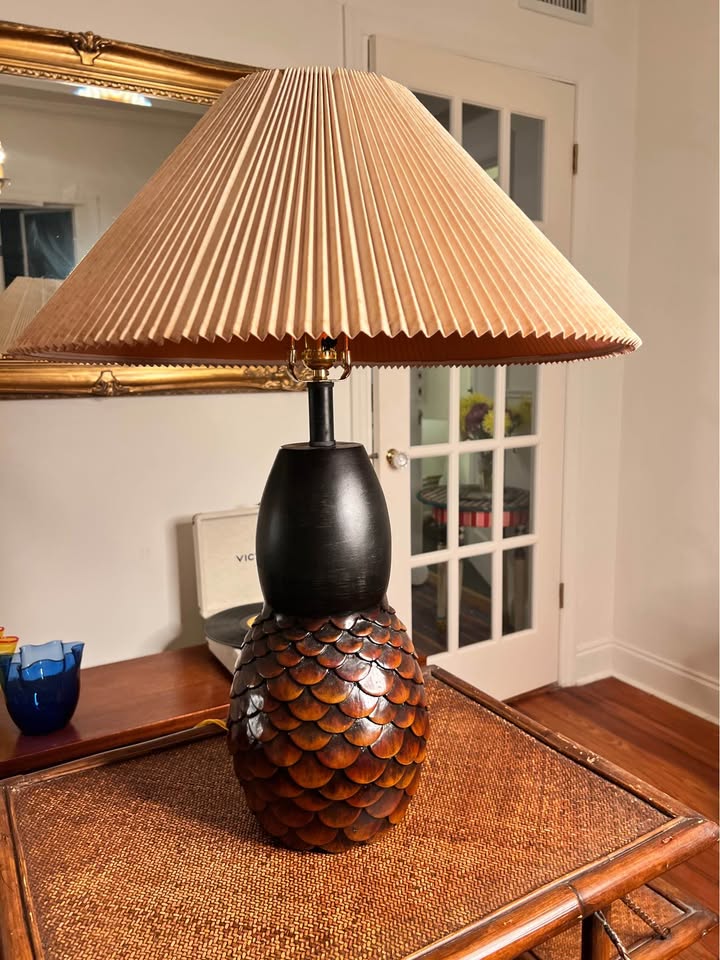 Table Lamp | Sculptural Wood Shingle Lamp | Stiffel Pleated Shade 31”, gallery view 2