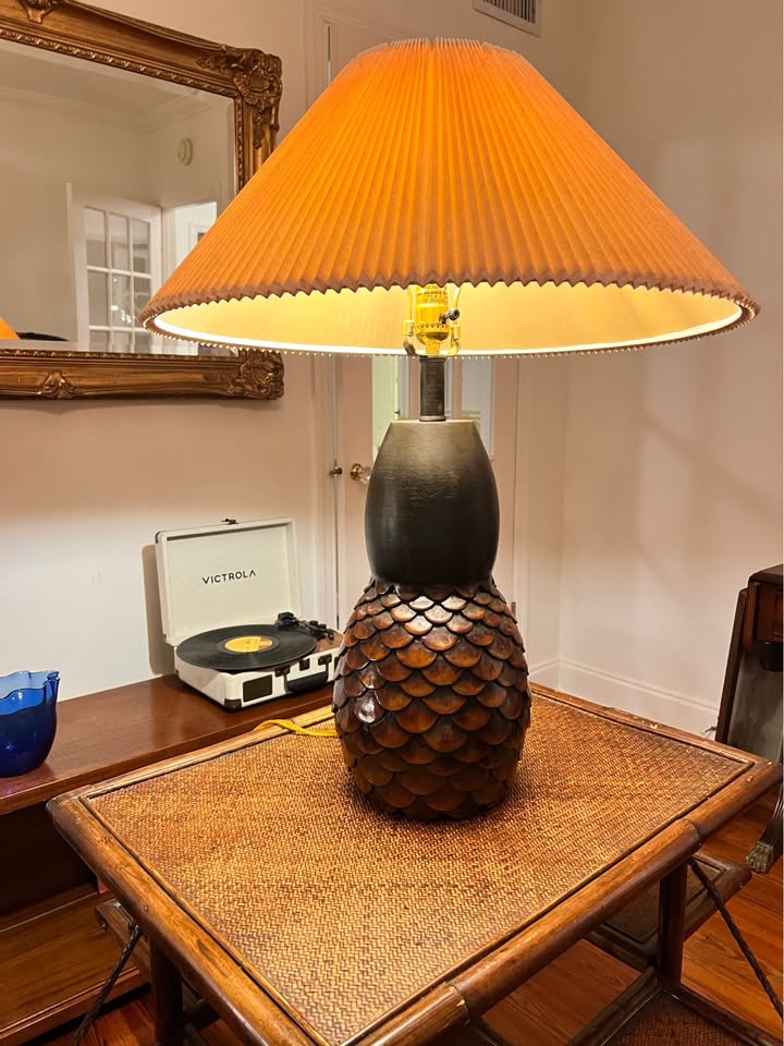 Table Lamp | Sculptural Wood Shingle Lamp | Stiffel Pleated Shade 31”, gallery view 3