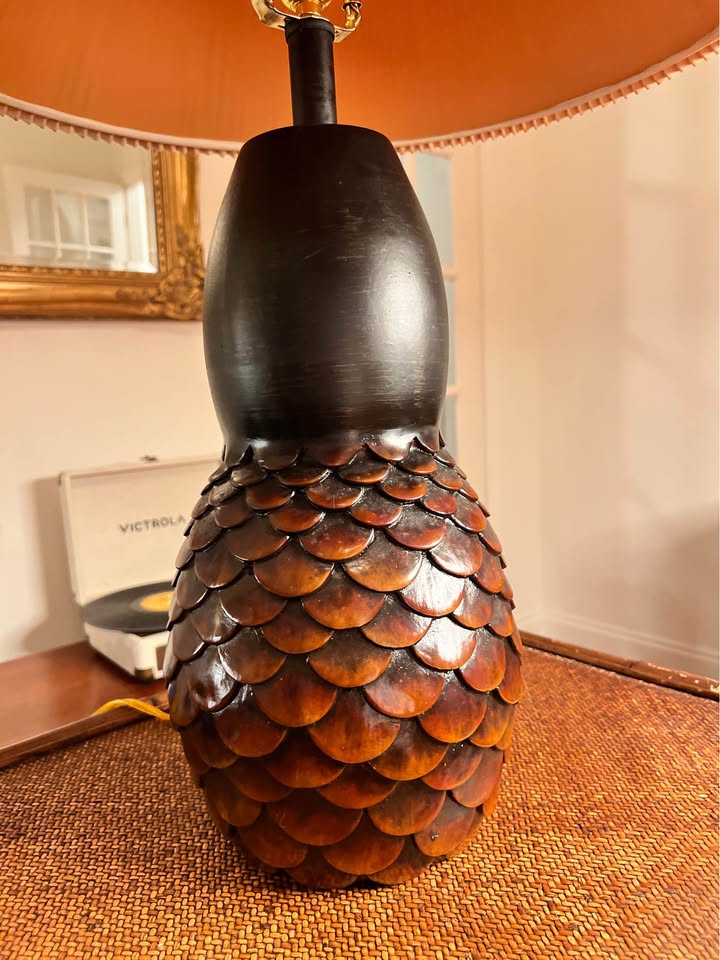 Table Lamp | Sculptural Wood Shingle Lamp | Stiffel Pleated Shade 31”, gallery view 4