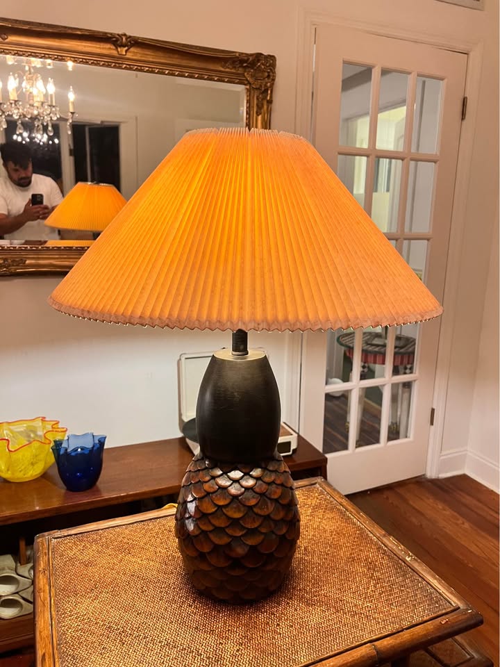 Table Lamp | Sculptural Wood Shingle Lamp | Stiffel Pleated Shade 31”, gallery view 8