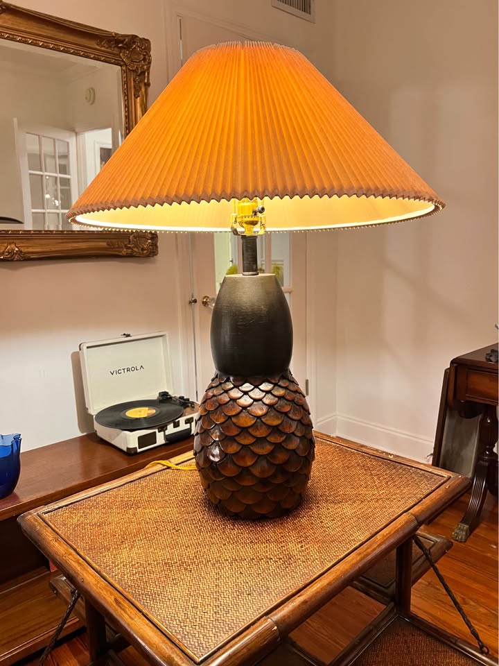 Table Lamp | Sculptural Wood Shingle Lamp | Stiffel Pleated Shade 31”, gallery view 9