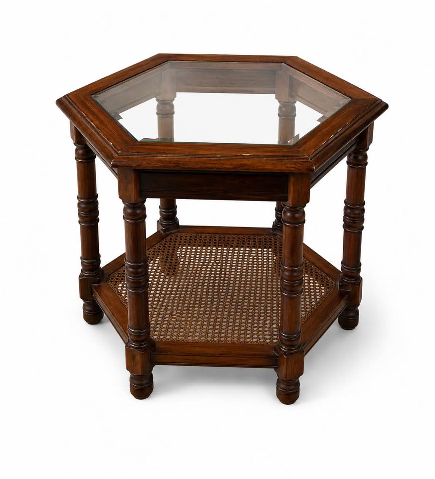 Hexagonal Wood Side Table | Glass Top & Cane Shelf | British Colonial Style, gallery view 2