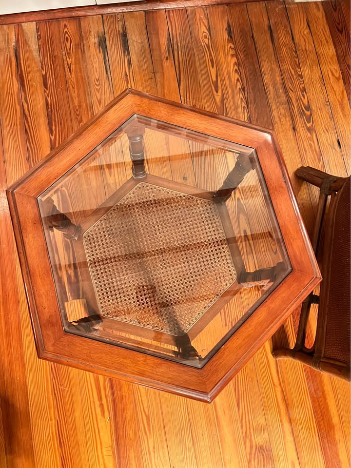 Hexagonal Wood Side Table | Glass Top & Cane Shelf | British Colonial Style, gallery view 3