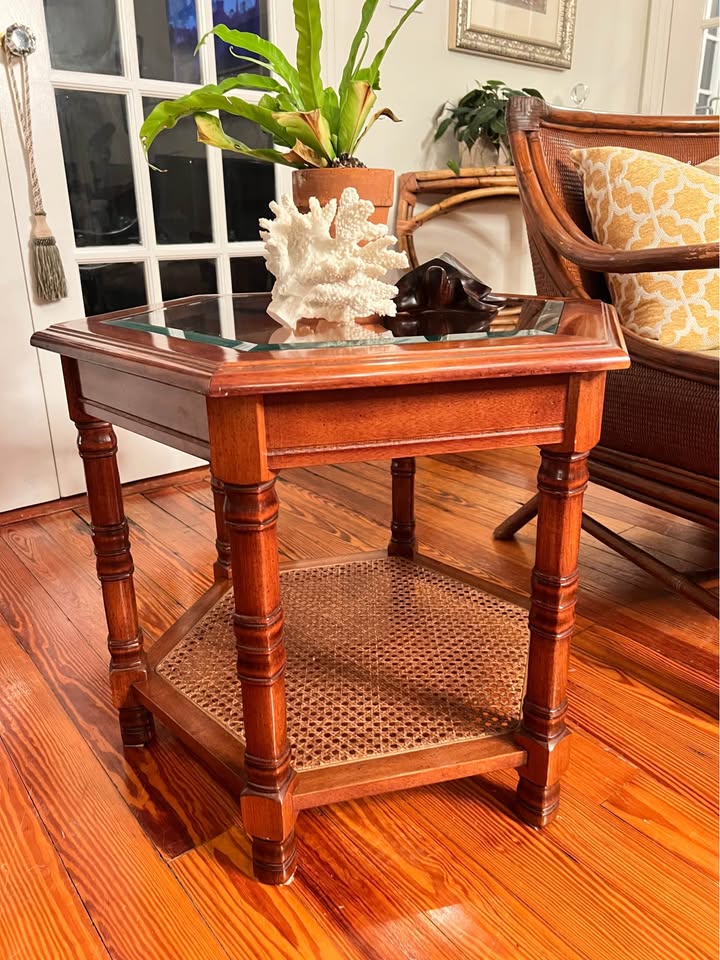 Hexagonal Wood Side Table | Glass Top & Cane Shelf | British Colonial Style, gallery view 4