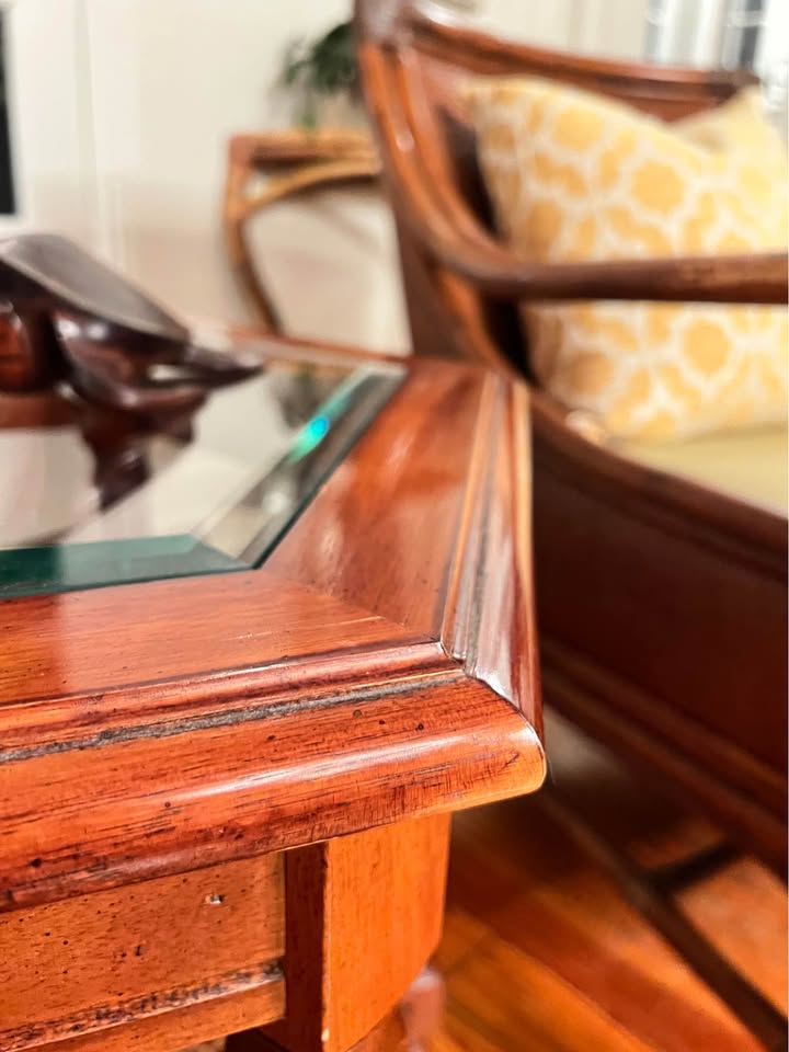 Hexagonal Wood Side Table | Glass Top & Cane Shelf | British Colonial Style, gallery view 5