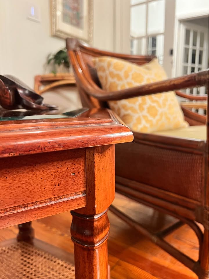 Hexagonal Wood Side Table | Glass Top & Cane Shelf | British Colonial Style, gallery view 6