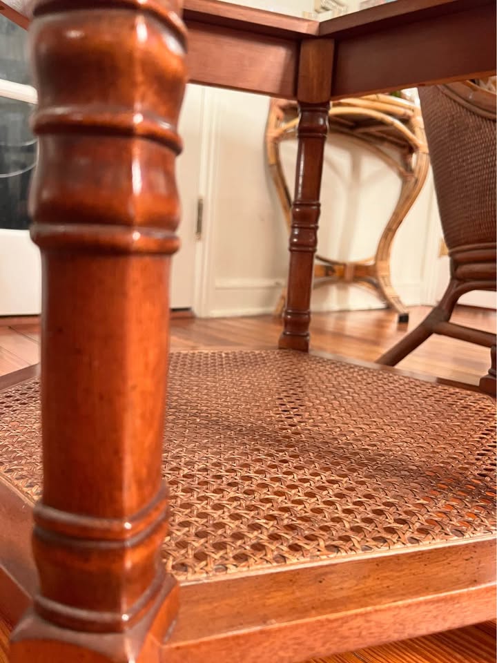 Hexagonal Wood Side Table | Glass Top & Cane Shelf | British Colonial Style, gallery view 7