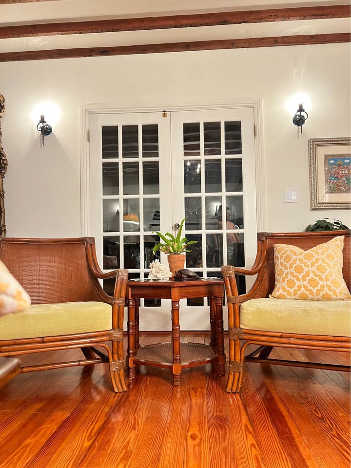 Hexagonal Wood Side Table | Glass Top & Cane Shelf | British Colonial Style, gallery view 8