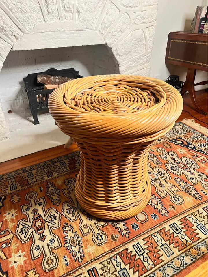 24” Vintage 1970s Rattan Side Table | Wicker Drum Base | Glass Top, gallery view 10