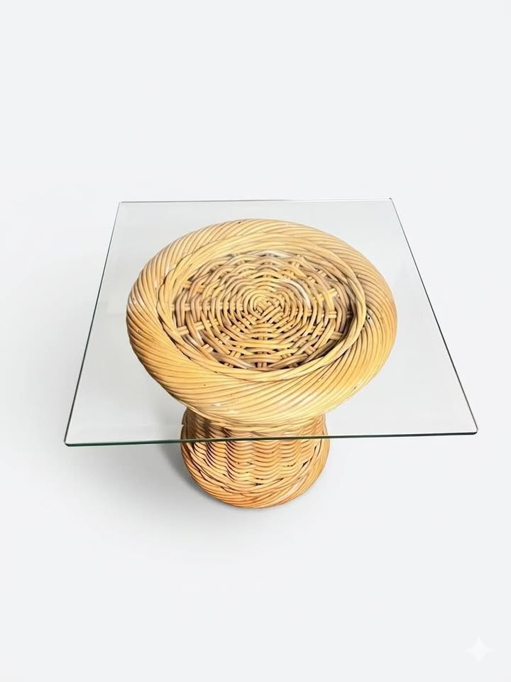 24” Vintage 1970s Rattan Side Table | Wicker Drum Base | Glass Top, gallery view 2
