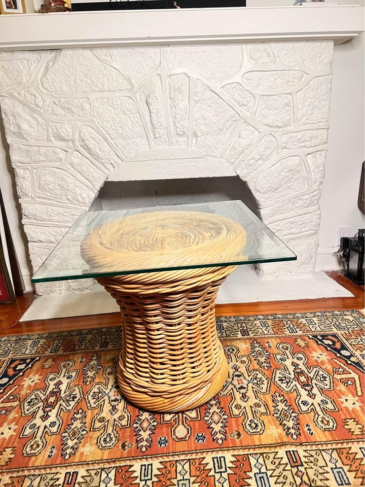 24” Vintage 1970s Rattan Side Table | Wicker Drum Base | Glass Top, gallery view 3