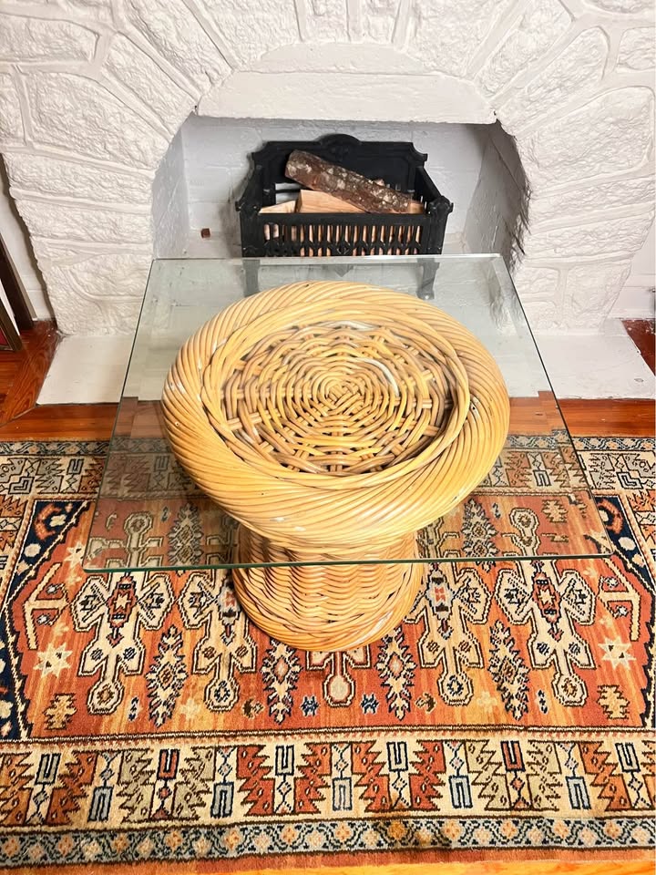24” Vintage 1970s Rattan Side Table | Wicker Drum Base | Glass Top, gallery view 4