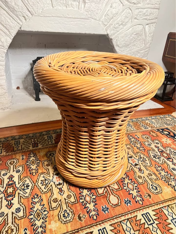 24” Vintage 1970s Rattan Side Table | Wicker Drum Base | Glass Top, gallery view 5